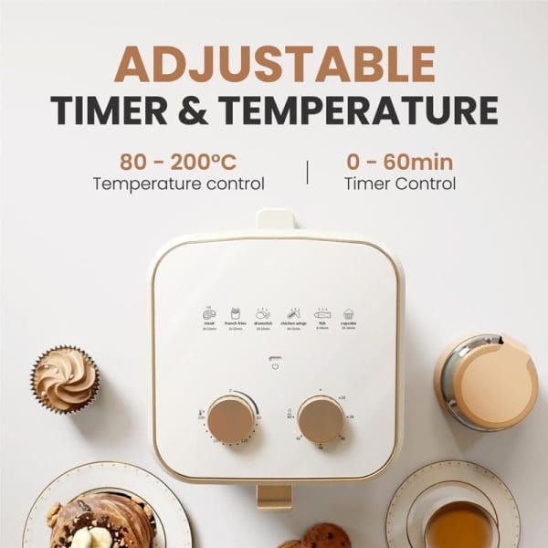 Russell Taylors 3D Visible Window Air Fryer Large 4.5L Z3 with adjustable timer and temperature controls, featuring white design with gold accents and food items displayed around it.