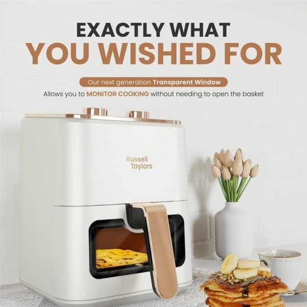 Russell Taylors 3D Visible Window Air Fryer 4.5L in white with rose gold accents, featuring transparent cooking window, displayed with pancakes and tulips.