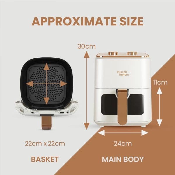 Russell Taylors 3D Visible Window Air Fryer 4.5L with size specifications showing 30cm height, 24cm width, and 22cm x 22cm basket dimensions.