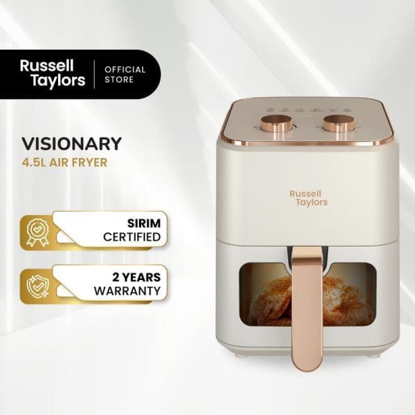 Russell Taylors Visionary 4.5L Air Fryer in cream and rose gold with visible cooking window, SIRIM certified, 2-year warranty, official store branding.