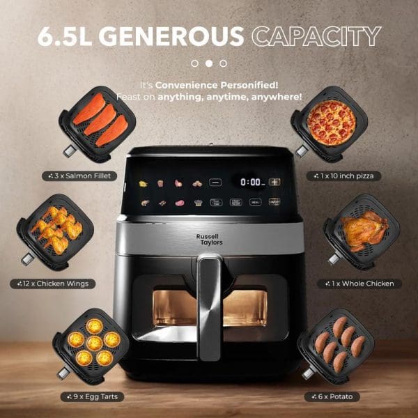 Russell Taylors 6.5L digital air fryer with transparent cooking window, surrounded by various cooked foods including salmon, pizza, chicken wings, whole chicken, egg tarts, and potatoes.