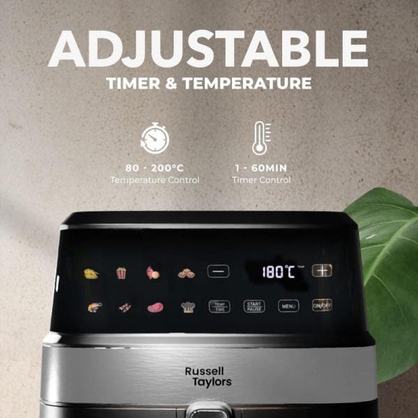 Russell Taylors 3D Visible Window Digital Air Fryer 6.5L with adjustable timer and temperature controls, featuring digital display showing cooking presets and temperature settings.