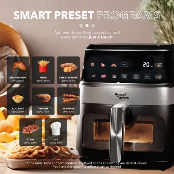 Russell Taylors 6.5L digital air fryer with smart preset programs display showing cooking options for chicken wings, fries, sweet potato, and other foods.