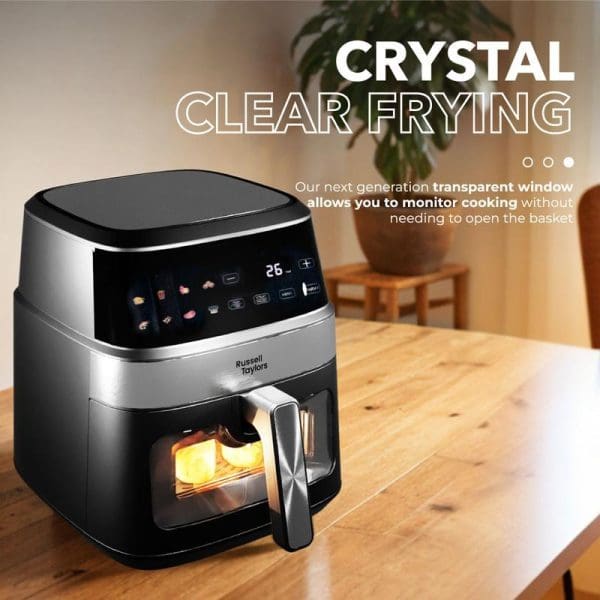 Russell Taylors 3D Visible Window Digital Air Fryer 6.5L with transparent cooking chamber, digital display, and crystal clear frying technology on wooden table.