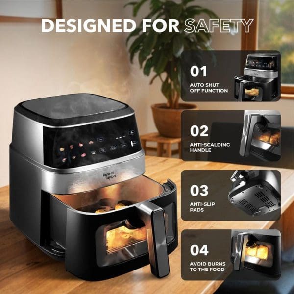 Russell Taylors 3D Visible Window Digital Air Fryer 6.5L with safety features: auto shut-off, anti-scalding handle, anti-slip pads, burn protection.