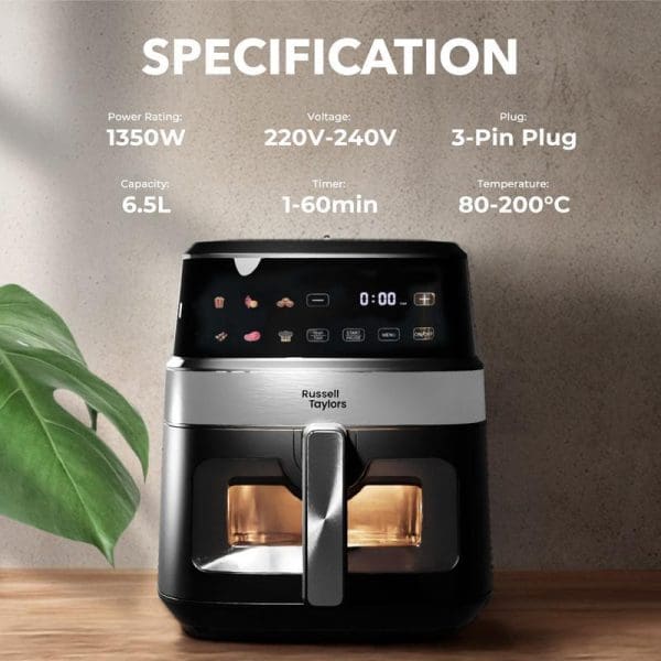 Russell Taylors Z7 6.5L digital air fryer with 3D visible window, touch control panel, and product specifications displayed including 1350W power rating.