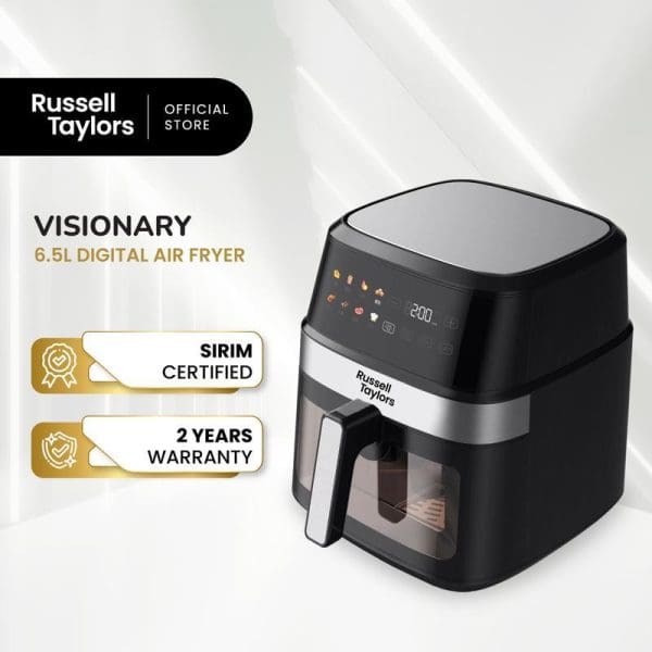 Russell Taylors Visionary 6.5L Digital Air Fryer with 3D visible window, black and silver design, SIRIM certified, 2 years warranty, digital display showing temperature controls.