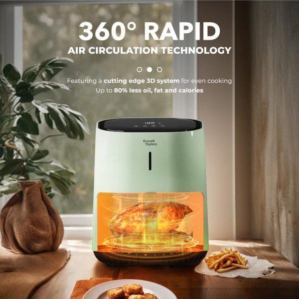 Russell Taylors 3D Visionary Digital Air Fryer 4.5L in mint green with 360° rapid air circulation technology, cooking chicken with up to 80% less oil.