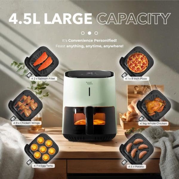 Russell Taylors 3D Visionary Digital Air Fryer 4.5L capacity showcasing cooking versatility with salmon, pizza, chicken wings, whole chicken, egg tarts, and potatoes in separate compartments.