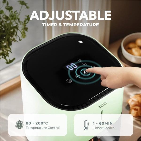 Russell Taylors 3D Visionary Digital Air Fryer with touchscreen display showing adjustable timer and temperature controls, featuring 80-200°C temperature range and 1-60 minute timer settings.