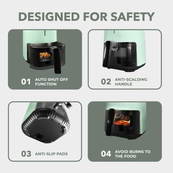 Russell Taylors 3D Visionary Digital Air Fryer safety features infographic showing auto shut-off, anti-scalding handle, anti-slip pads, and burn prevention design elements.