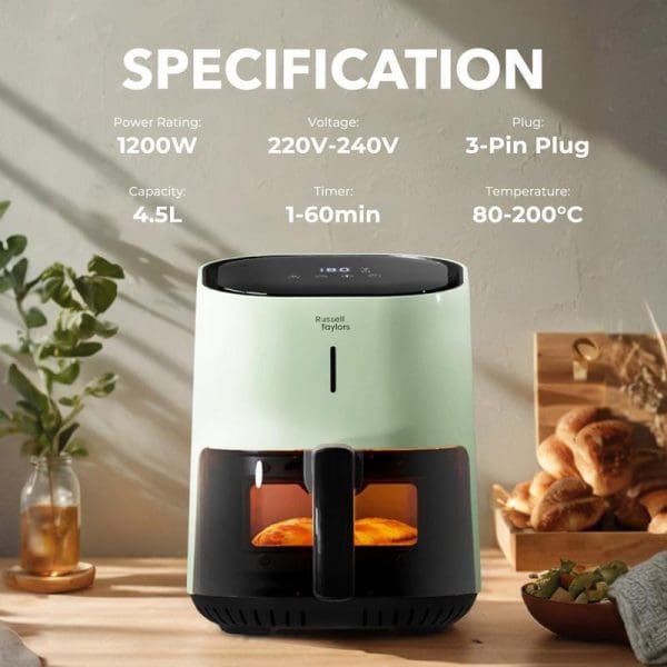 Russell Taylors 3D Visionary Digital Air Fryer 4.5L in mint green with black base, displaying specifications including 1200W power, 220V-240V voltage, and temperature range 80-200°C.
