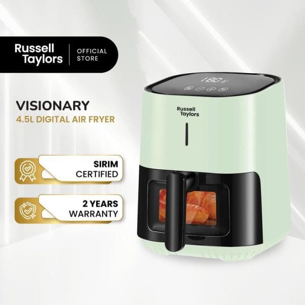 Russell Taylors Visionary 4.5L Digital Air Fryer in mint green with black base, featuring digital display, SIRIM certified, 2-year warranty, official store branding.