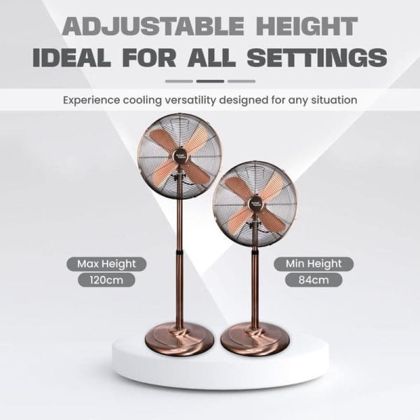 Russell Taylors 4-Blade Metal Stand Fan 16 inch SF4 with adjustable height from 84cm to 120cm, copper finish, ideal for all settings.