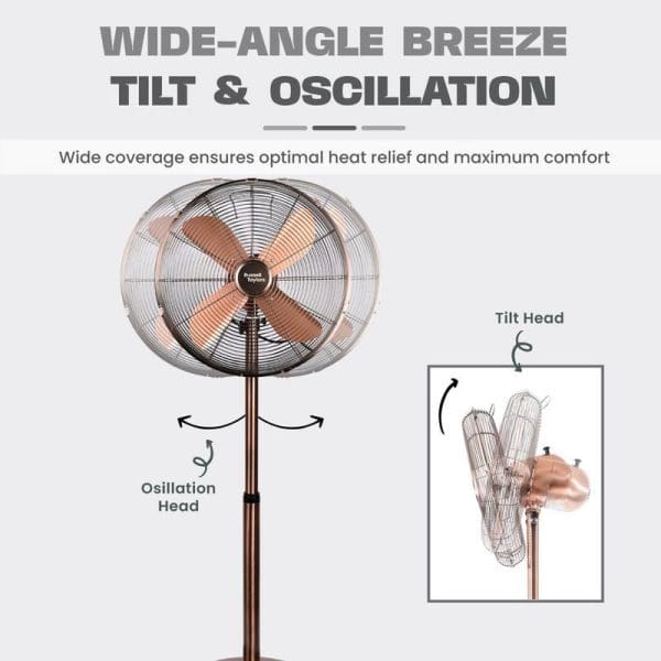 Russell Taylors 16-inch metal stand fan with 4 blades, featuring wide-angle breeze, tilt and oscillation functions for optimal heat relief and comfort.