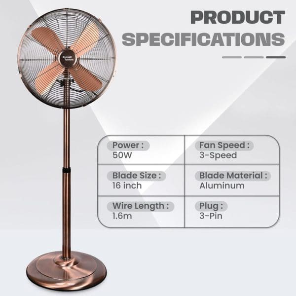 Russell Taylors 16-inch copper-finished metal stand fan with product specifications showing 50W power, 3-speed settings, aluminum blades, 1.6m wire length, and 3-pin plug.