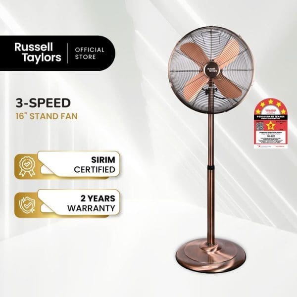 Russell Taylors 16-inch copper-colored metal stand fan with 4 blades, 3-speed settings, SIRIM certified with 2-year warranty from official store.