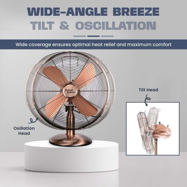 Russell Taylors 16-inch copper-colored metal table fan with 4 blades, featuring wide-angle breeze, tilt and oscillation functions for optimal heat relief and comfort.