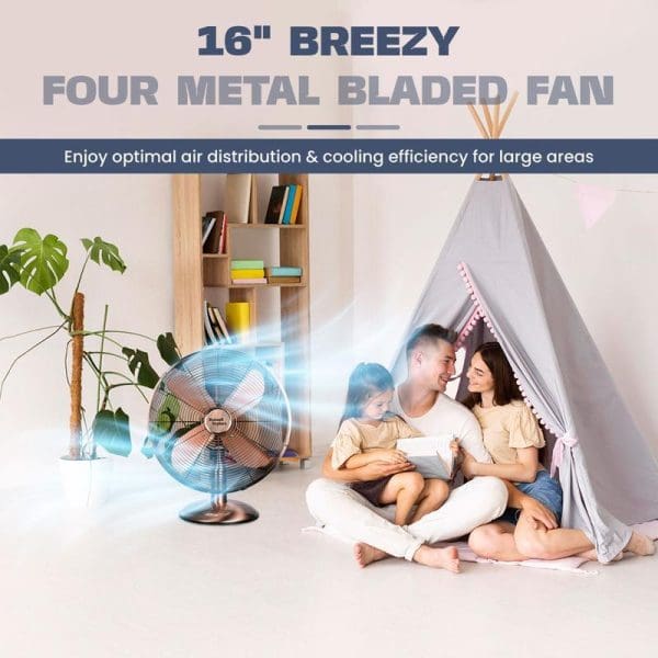 Russell Taylors 16-inch Breezy four metal bladed table fan providing optimal air distribution and cooling efficiency for large areas, shown with family in modern living room.