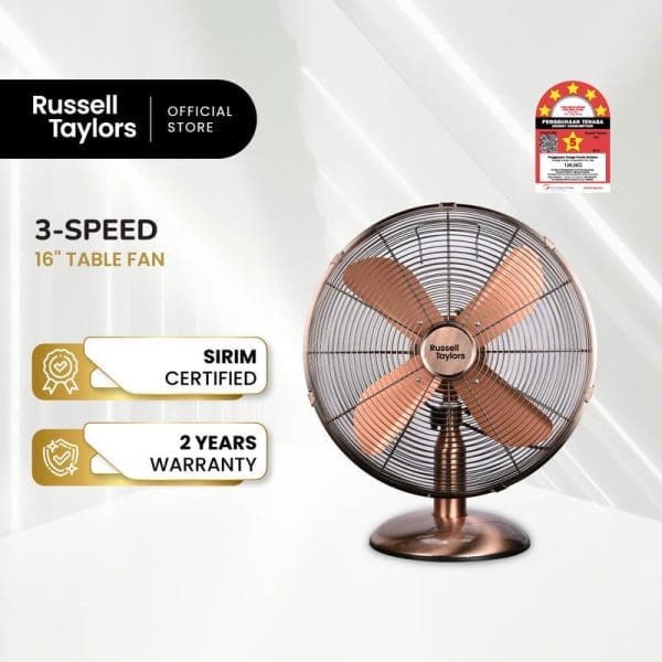 Russell Taylors 16-inch copper-colored metal table fan with 4 blades, 3-speed settings, SIRIM certified with 2-year warranty from official store.