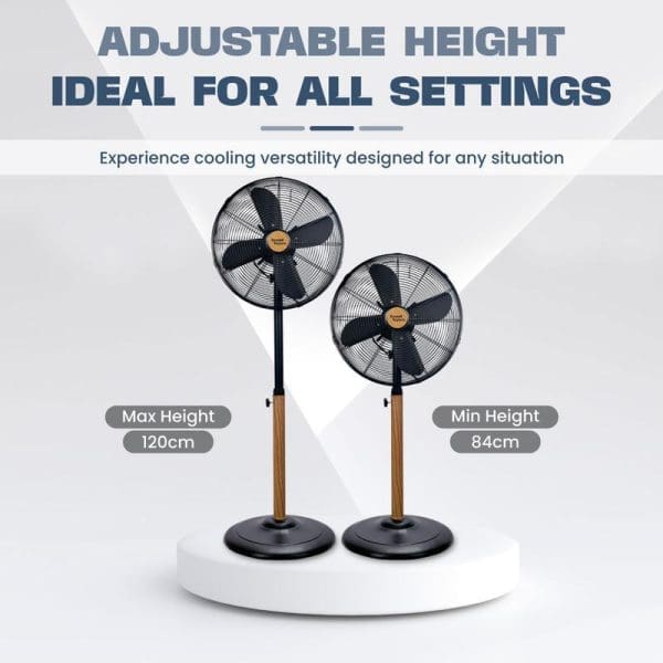 Russell Taylors 16-inch adjustable height stand fan with 4 metal blades, showing minimum 84cm and maximum 120cm height settings on white platform.