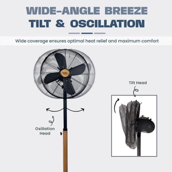 Russell Taylors 16-inch metal blade stand fan with wide-angle oscillation and tilt features, showing airflow direction and adjustable head positioning for optimal cooling coverage.