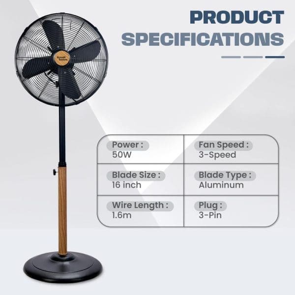 Russell Taylors 16-inch stand fan with metal blades, wooden pole, black base, and product specifications showing 50W power, 3-speed settings, aluminum blades, 1.6m wire length.