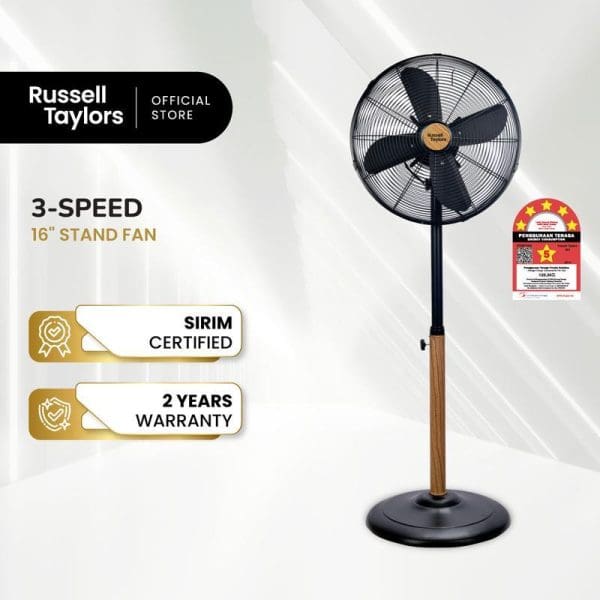 Russell Taylors 16-inch 3-speed stand fan with metal blades, wooden pole, black base, SIRIM certified with 2-year warranty from official store.