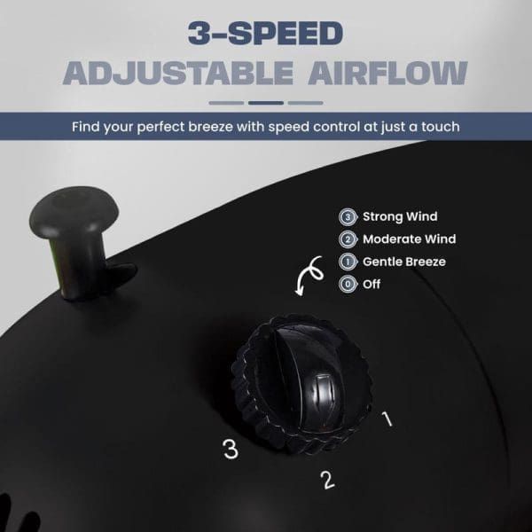 Russell Taylors 16-inch table fan showing 3-speed adjustable airflow control dial with settings for strong wind, moderate wind, gentle breeze, and off.