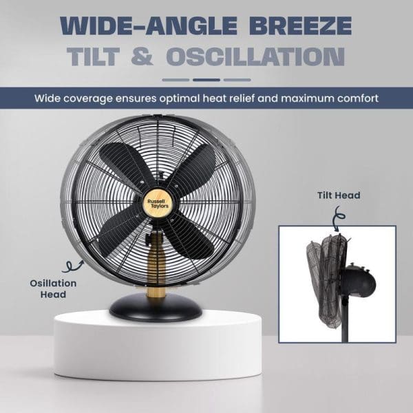 Russell Taylors 16-inch metal blade table fan with wide-angle breeze, tilt and oscillation features for optimal heat relief and maximum comfort.