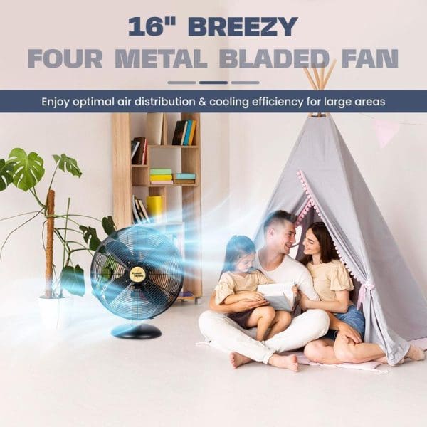 Russell Taylors 16-inch Breezy four metal bladed table fan providing optimal air distribution and cooling efficiency for large areas, shown with family in living room.