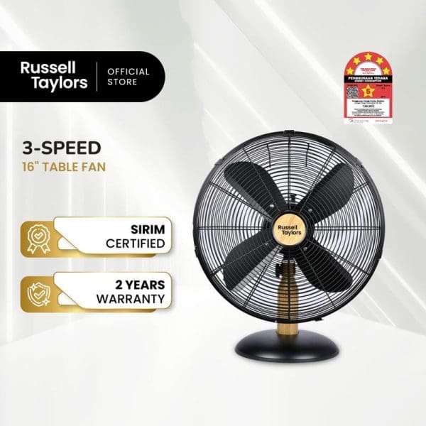 Russell Taylors 16-inch black metal table fan with 4 blades, 3-speed settings, SIRIM certified, 2-year warranty, official store product image.