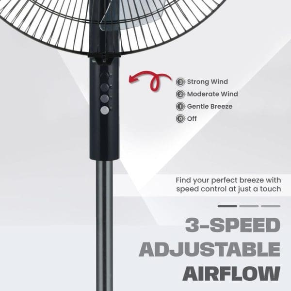 Russell Taylors 5-Blade Stand Fan 16 inch SF5 showing 3-speed adjustable airflow control with Strong Wind, Moderate Wind, Gentle Breeze, and Off settings.
