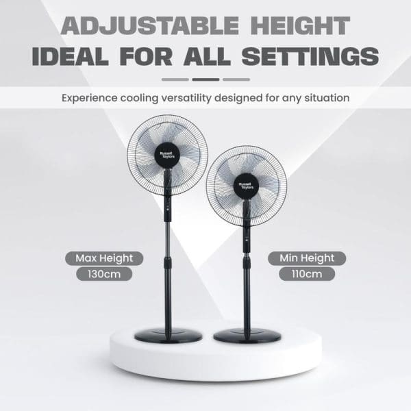 Russell Taylors 5-Blade Stand Fan 16 inch SF5 with adjustable height from 110cm to 130cm, showing two fans at different heights on white platform.