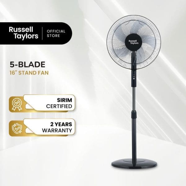 Russell Taylors 5-Blade 16-inch Stand Fan SF5 with adjustable height, SIRIM certified, 2-year warranty, black design with metal grille guard.