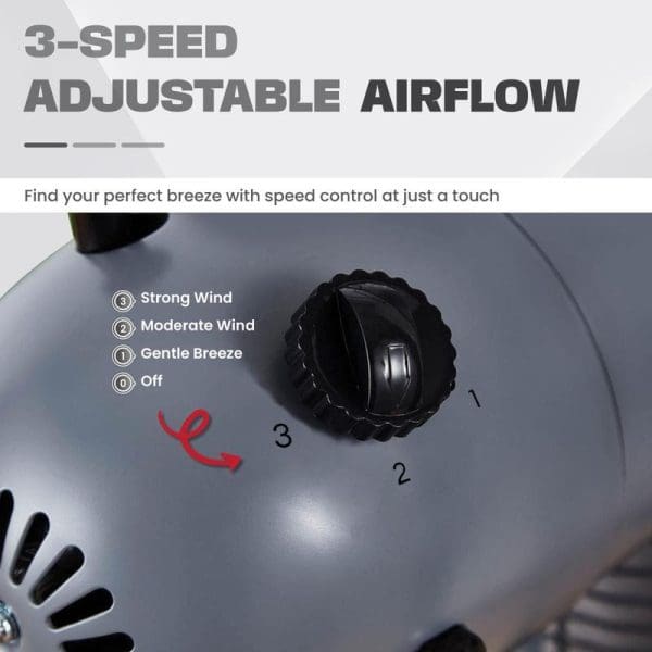 Alt tag: Russell Taylors 5-Blade Stand Fan SF2 control knob showing 3-speed adjustable airflow settings - Off, Gentle Breeze, Moderate Wind, Strong Wind options.
