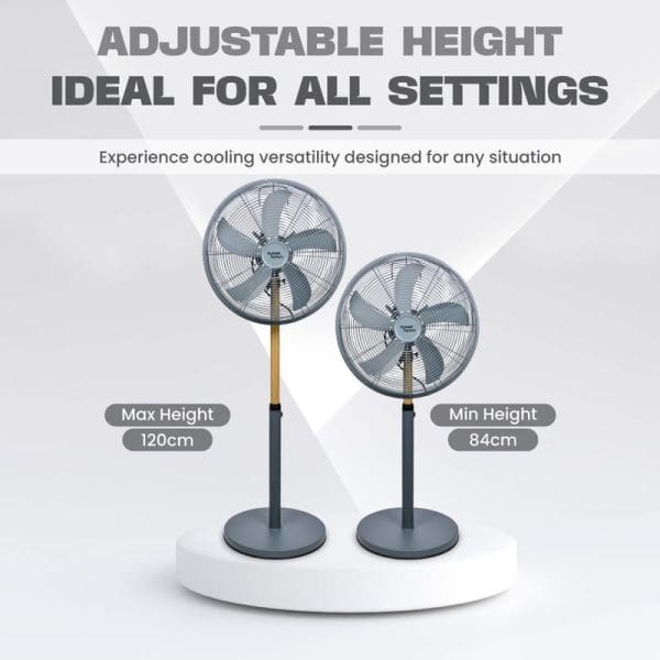 Two Russell Taylors 16-inch metal blade stand fans showing adjustable height feature - maximum 120cm and minimum 84cm heights for versatile cooling in any setting.