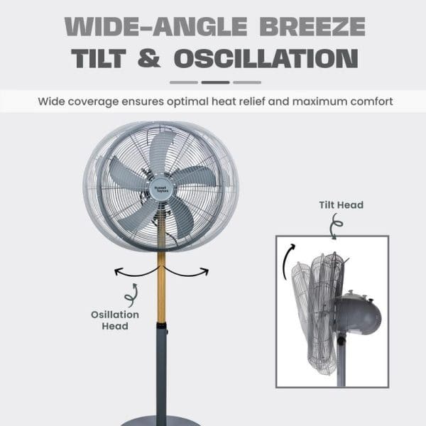 Russell Taylors 16-inch 5-blade metal stand fan SF2 with wide-angle breeze, tilt and oscillation features for optimal heat relief and comfort.