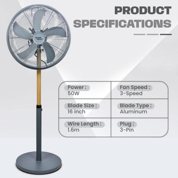 Russell Taylors 16-inch stand fan with metal blades, wooden-style pole, and product specifications showing 50W power, 3-speed settings, aluminum blades, and 3-pin plug.