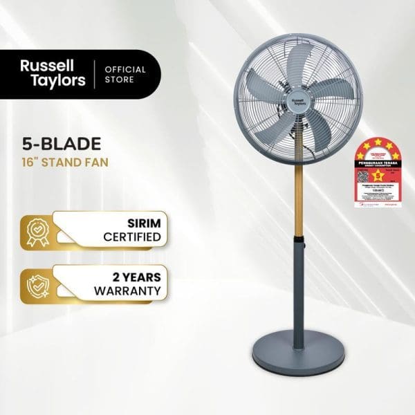 Russell Taylors 5-blade 16-inch metal stand fan with wooden handle, SIRIM certified, 2-year warranty, official store product image on white background.