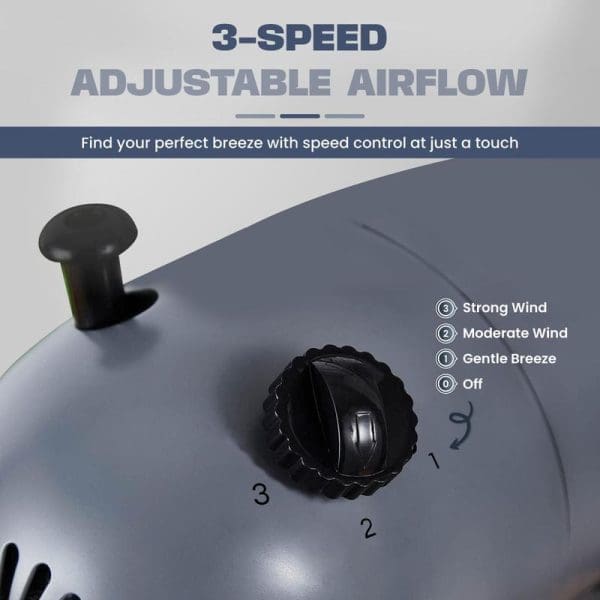 Russell Taylors 5-Blade Table Fan TF2 16-inch showing 3-speed adjustable airflow control dial with settings for off, gentle breeze, moderate wind, and strong wind.