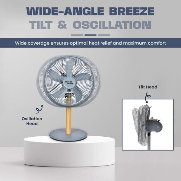 Russell Taylors 16-inch table fan with 5 metal blades, wooden pole, gray base, featuring wide-angle breeze, tilt and oscillation functions for optimal cooling.