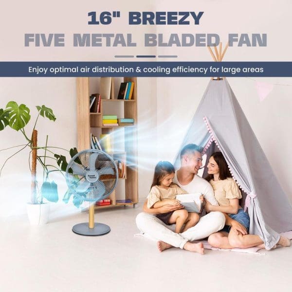 Russell Taylors 16-inch Breezy five metal bladed table fan providing optimal air distribution and cooling efficiency for large areas, shown with family in living room.