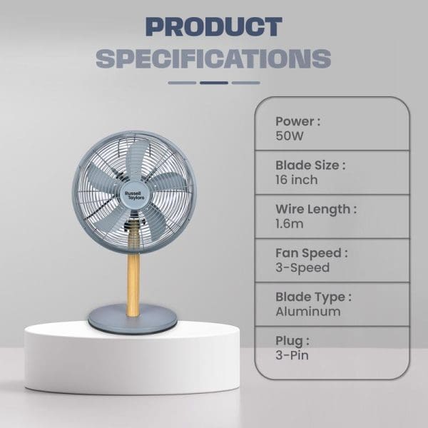 Russell Taylors 16-inch table fan with metal blades and wooden handle, featuring product specifications: 50W power, 3-speed settings, 1.6m wire length, aluminum blades, 3-pin plug.