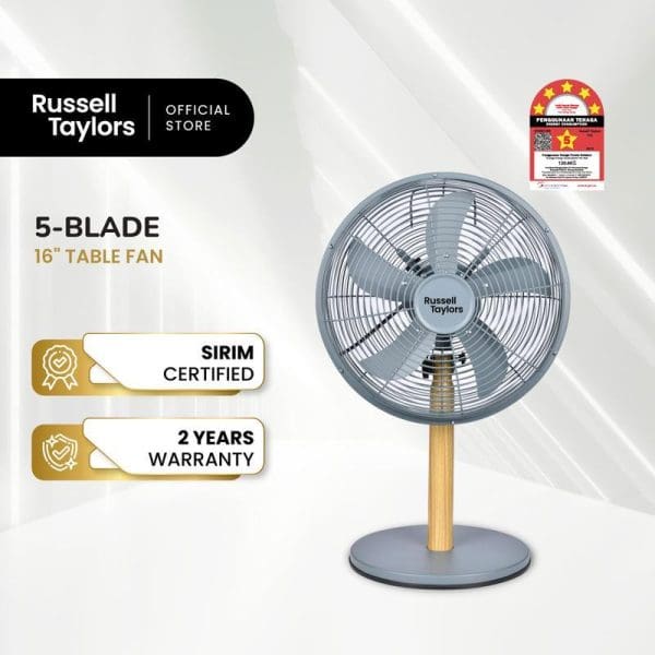 Russell Taylors 16-inch 5-blade metal table fan with wooden stand, SIRIM certified, 2-year warranty, official store product image on white background.