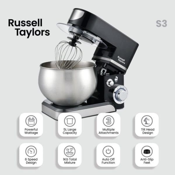 Russell Taylors S3 black stand mixer with 5L stainless steel bowl and whisk attachment, featuring icons highlighting powerful wattage, large capacity, multiple attachments, and design features.