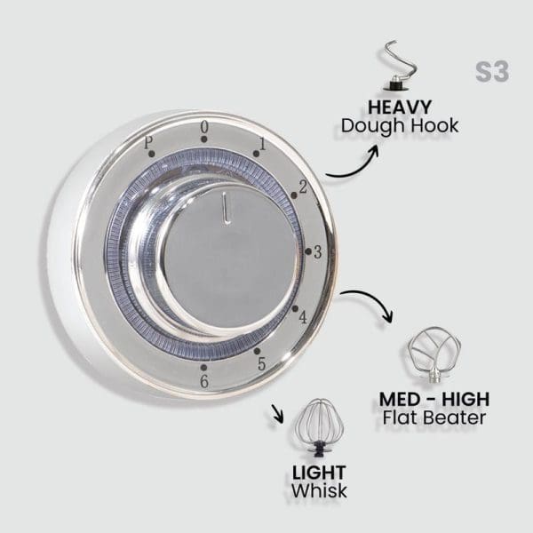 Russell Taylors S3 stand mixer control dial showing 6 speed settings with three attachments: heavy dough hook, flat beater, and whisk.