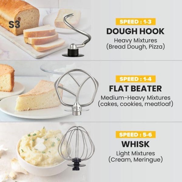 Russell Taylors 6-speed Stand Mixer 5L 1300W S3 with three attachments: dough hook for bread, flat beater for cakes, and whisk for cream.
