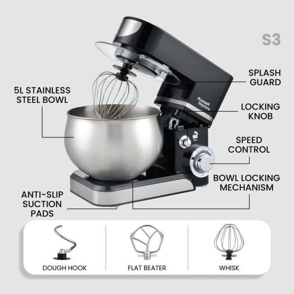 Russell Taylors S3 6-speed stand mixer with 5L stainless steel bowl, featuring labeled components including dough hook, flat beater, whisk attachments, and control mechanisms.