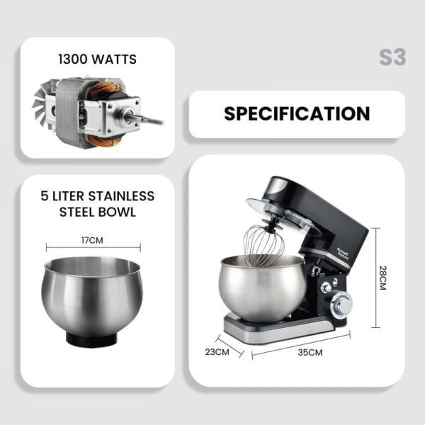 Russell Taylors 6-speed Stand Mixer specifications showing 1300W motor, 5L stainless steel bowl (17cm), and mixer dimensions of 35x23x28cm with whisk attachment.